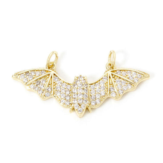 Picture of 1 Piece Eco-friendly Brass Micro Pave Pendants 18K Real Gold Plated Halloween Bat Animal Clear Cubic Zirconia 3.7cm x 1.9cm