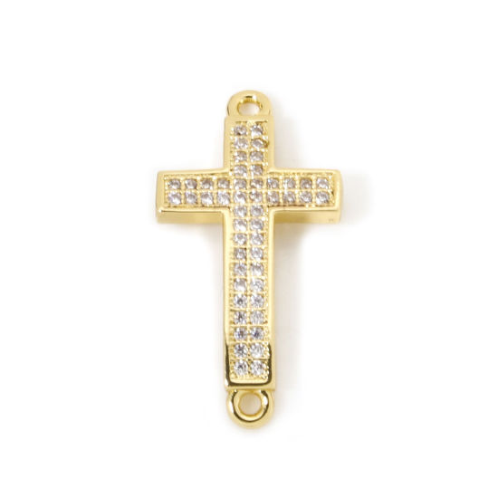 Picture of 1 Piece Eco-friendly Brass Micro Pave Connectors Charms Pendants 18K Real Gold Plated Cross Clear Cubic Zirconia 26mm x 13mm