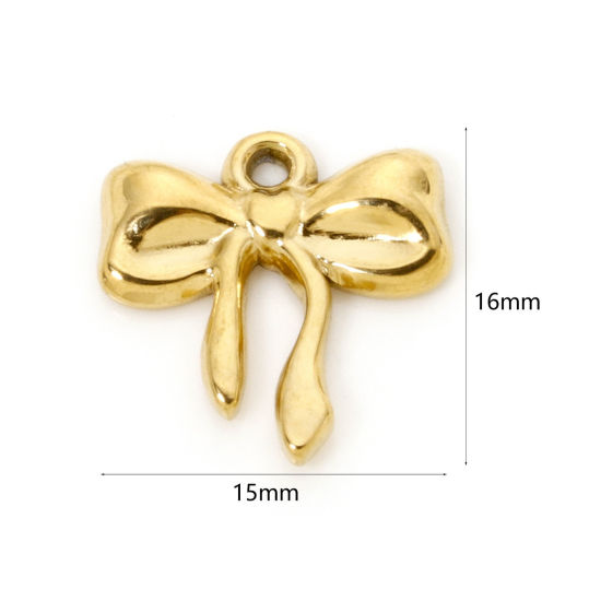 Picture of 2 PCs Eco-friendly PVD Vacuum Plating 304 Stainless Steel Clothes Charms 18K Real Gold Plated Bowknot 16mm x 15mm