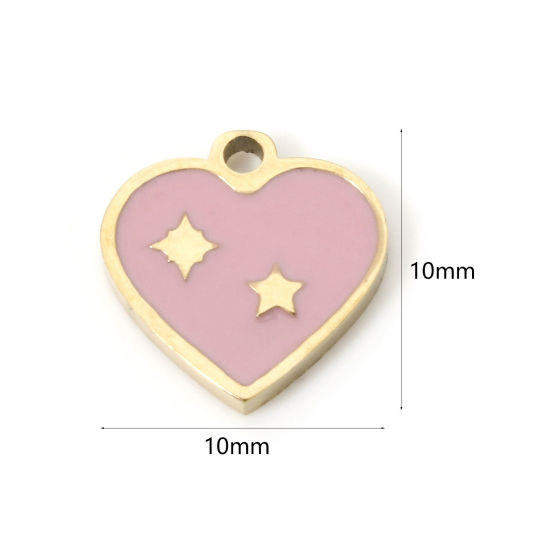 Image de 2 Pcs Breloques en 304 Acier Inoxydable Placage sous Vide PVD Respectueux de l'Environnement La Saint Valentin Cœur Plaqué Or Véritable 18K Rose Émail 10mm x 10mm