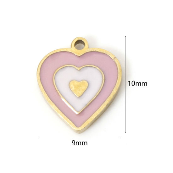 Image de 2 Pcs Breloques en 304 Acier Inoxydable Placage sous Vide PVD Respectueux de l'Environnement La Saint Valentin Cœur Plaqué Or Véritable 18K Rose Émail 10mm x 9mm