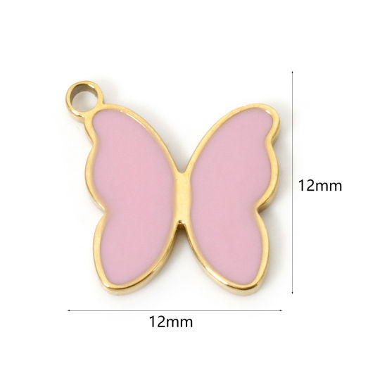 Image de 2 Pcs Breloques en 304 Acier Inoxydable Placage sous Vide PVD Respectueux de l'Environnement Insecte Papillon Plaqué Or Véritable 18K Rose Émail 12mm x 12mm