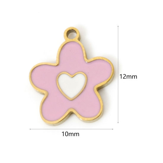 Image de 2 Pcs Breloques en 304 Acier Inoxydable Placage sous Vide PVD Respectueux de l'Environnement Collection Végétale Fleur Plaqué Or Véritable 18K Rose Émail 12mm x 10mm