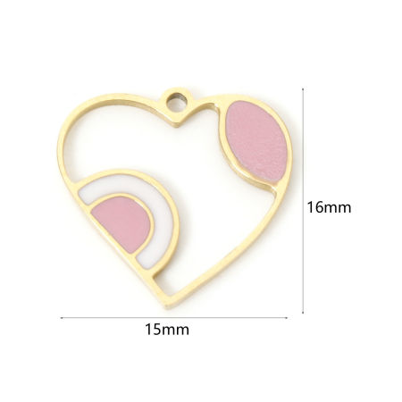 Picture of 2 PCs Eco-friendly PVD Vacuum Plating Waterproof Anti-Tarnish Hypoallergenic 304 Stainless Steel Valentine's Day Charms 18K Real Gold Plated Pink Heart Enamel 16mm x 15mm