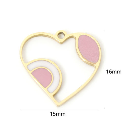 Image de 2 Pcs Breloques en 304 Acier Inoxydable Placage sous Vide PVD Respectueux de l'Environnement La Saint Valentin Cœur Plaqué Or Véritable 18K Rose Émail 16mm x 15mm