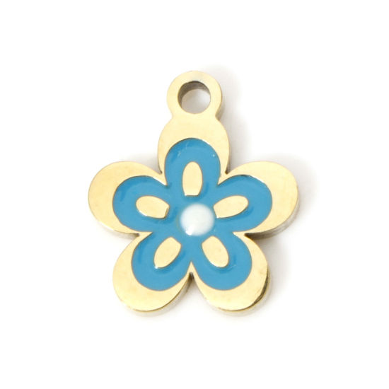 Image de 2 Pcs Breloques en 304 Acier Inoxydable Placage sous Vide PVD Respectueux de l'Environnement Collection Végétale Fleur Plaqué Or Véritable 18K Bleu Émail 11mm x 9mm