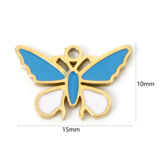 Image de 2 Pcs Breloques en 304 Acier Inoxydable Placage sous Vide PVD Respectueux de l'Environnement Plaqué Or Véritable 18K Bleu Émail 15mm x 10mm