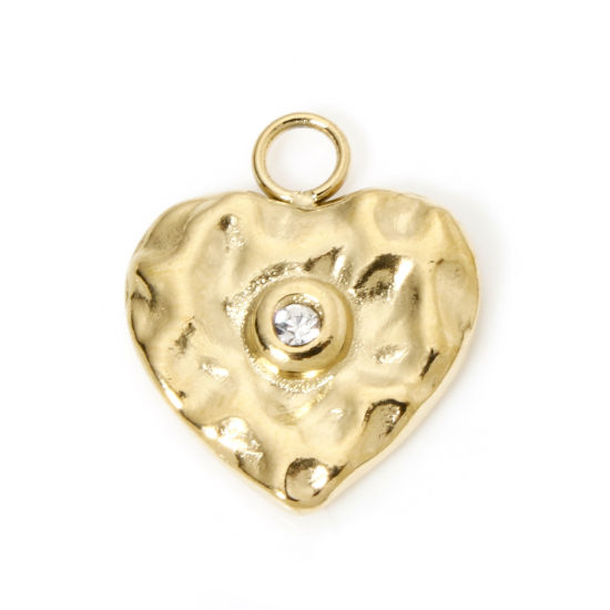 Изображение 1 ШТ Экологичное вакуумное PVD-покрытие 304 Нержавеющая Сталь День святого Валентина Подвески Сердце 14K настоящее золото с покрытием Серия Молотока Прозрачный Горный Хрусталь 16.5мм x 14мм