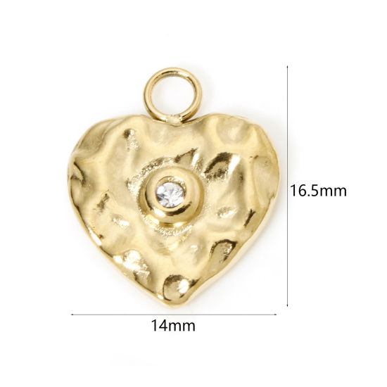 Изображение 1 ШТ Экологичное вакуумное PVD-покрытие 304 Нержавеющая Сталь День святого Валентина Подвески Сердце 14K настоящее золото с покрытием Серия Молотока Прозрачный Горный Хрусталь 16.5мм x 14мм