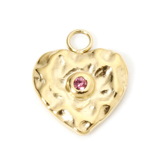 Изображение 1 ШТ Экологичное вакуумное PVD-покрытие 304 Нержавеющая Сталь День святого Валентина Подвески Сердце 14K настоящее золото с покрытием Серия Молотока Розовый Горный Хрусталь 16.5мм x 14мм