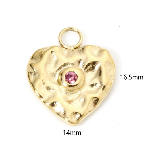 Изображение 1 ШТ Экологичное вакуумное PVD-покрытие 304 Нержавеющая Сталь День святого Валентина Подвески Сердце 14K настоящее золото с покрытием Серия Молотока Розовый Горный Хрусталь 16.5мм x 14мм
