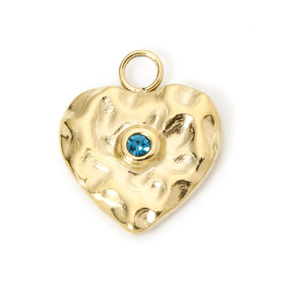 Изображение 1 ШТ Экологичное вакуумное PVD-покрытие 304 Нержавеющая Сталь День святого Валентина Подвески Сердце 14K настоящее золото с покрытием Серия Молотока Синий Горный Хрусталь 16.5мм x 14мм