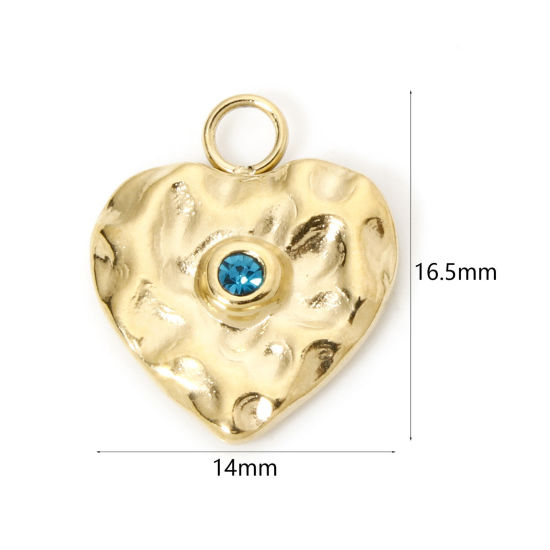 Изображение 1 ШТ Экологичное вакуумное PVD-покрытие 304 Нержавеющая Сталь День святого Валентина Подвески Сердце 14K настоящее золото с покрытием Серия Молотока Синий Горный Хрусталь 16.5мм x 14мм