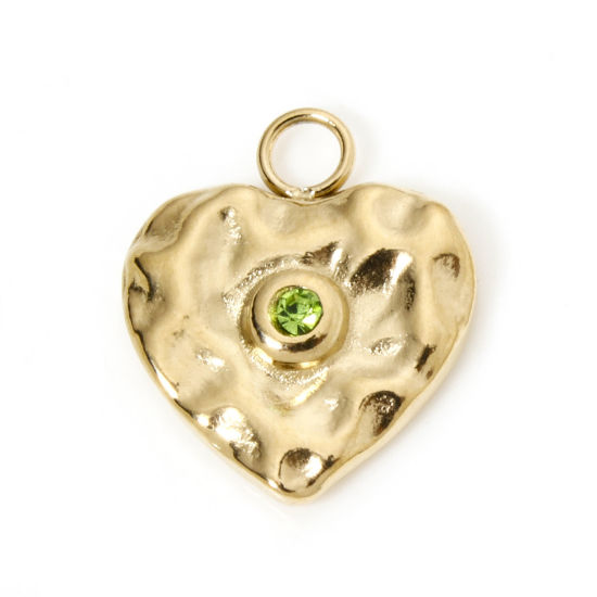 Изображение 1 ШТ Экологичное вакуумное PVD-покрытие 304 Нержавеющая Сталь День святого Валентина Подвески Сердце 14K настоящее золото с покрытием Серия Молотока Зеленый Горный Хрусталь 16.5мм x 14мм