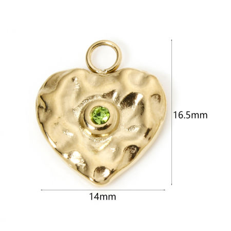 Picture of 1 Piece Eco-friendly PVD Vacuum Plating Waterproof Anti-Tarnish Hypoallergenic 304 Stainless Steel Valentine's Day Charms 14K Real Gold Plated Heart Hammered Green Rhinestone 16.5mm x 14mm