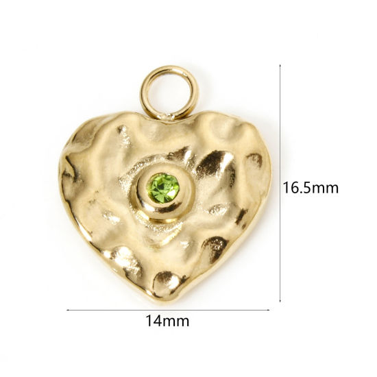 Изображение 1 ШТ Экологичное вакуумное PVD-покрытие 304 Нержавеющая Сталь День святого Валентина Подвески Сердце 14K настоящее золото с покрытием Серия Молотока Зеленый Горный Хрусталь 16.5мм x 14мм