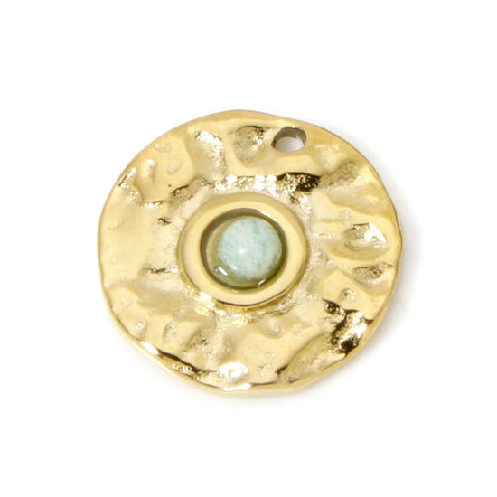 Bild von 1 Stück Umweltfreundliche PVD-Vakuumbeschichtung 304 Edelstahl Charms Rund 14K Echtgold plattiert Blau Mit synthetischen Edelstein Cabochons 15mm D.