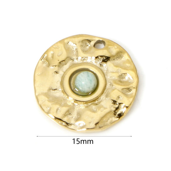 Bild von 1 Stück Umweltfreundliche PVD-Vakuumbeschichtung 304 Edelstahl Charms Rund 14K Echtgold plattiert Blau Mit synthetischen Edelstein Cabochons 15mm D.