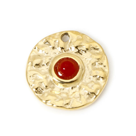 Bild von 1 Stück Umweltfreundliche PVD-Vakuumbeschichtung 304 Edelstahl Charms Rund 14K Echtgold plattiert Rot Mit synthetischen Edelstein Cabochons 15mm D.