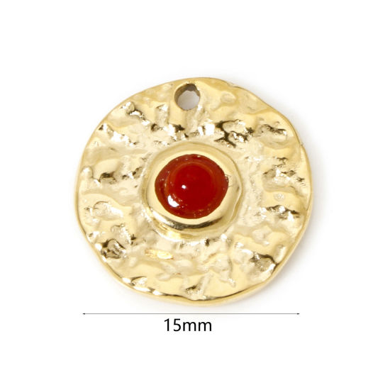 Bild von 1 Stück Umweltfreundliche PVD-Vakuumbeschichtung 304 Edelstahl Charms Rund 14K Echtgold plattiert Rot Mit synthetischen Edelstein Cabochons 15mm D.