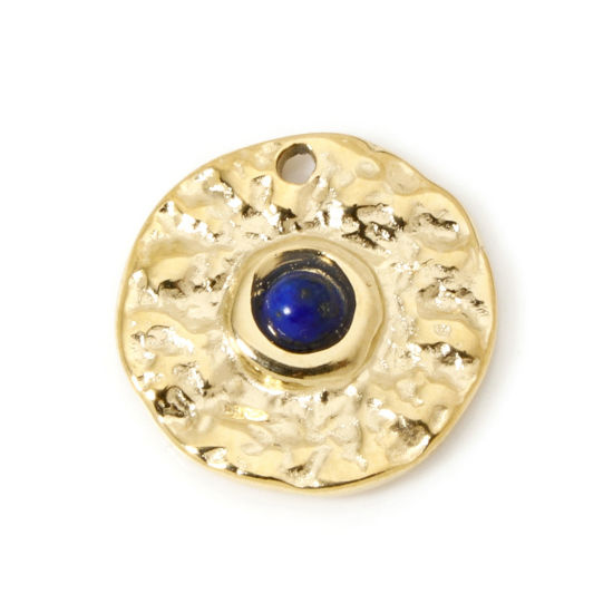 Bild von 1 Stück Umweltfreundliche PVD-Vakuumbeschichtung 304 Edelstahl Charms Rund 14K Echtgold plattiert Dunkelblau Mit synthetischen Edelstein Cabochons 15mm D.