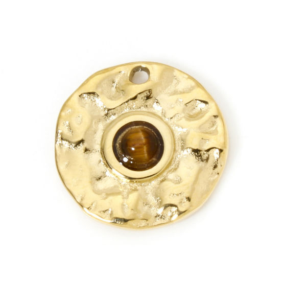 Bild von 1 Stück Umweltfreundliche PVD-Vakuumbeschichtung 304 Edelstahl Charms Rund 14K Echtgold plattiert Braun Mit synthetischen Edelstein Cabochons 15mm D.