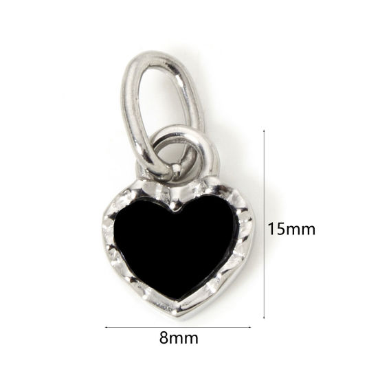 Image de 1 Pièce Breloques en 304 Acier Inoxydable Placage sous Vide PVD Respectueux de l'Environnement La Saint Valentin Cœur Plaqué Platine Véritable Noir Émail 15mm x 8mm