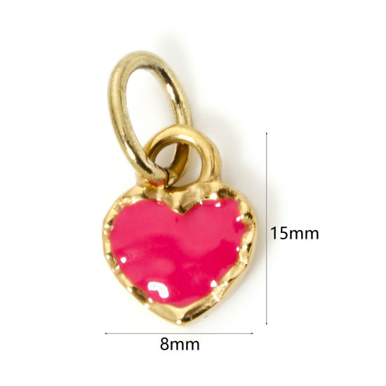 Image de 1 Pièce Breloques en 304 Acier Inoxydable Placage sous Vide PVD Respectueux de l'Environnement La Saint Valentin Cœur Plaqué Or Véritable 14K Fuchsia Émail 15mm x 8mm