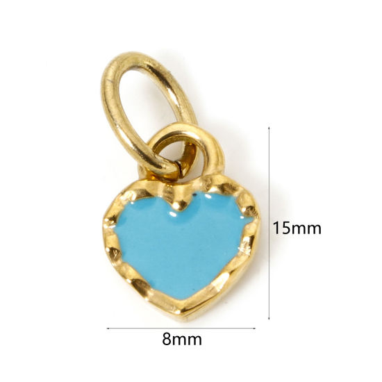 Image de 1 Pièce Breloques en 304 Acier Inoxydable Placage sous Vide PVD Respectueux de l'Environnement La Saint Valentin Cœur Plaqué Or Véritable 14K Bleu-Vert Émail 15mm x 8mm