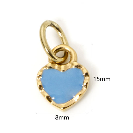 Image de 1 Pièce Breloques en 304 Acier Inoxydable Placage sous Vide PVD Respectueux de l'Environnement La Saint Valentin Cœur Plaqué Or Véritable 14K Bleu Émail 15mm x 8mm