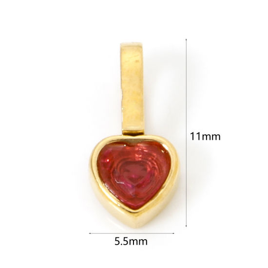 Image de 1 Pièce Pendentif Breloque en 304 Acier Inoxydable Placage sous Vide PVD Respectueux de l'Environnement La Saint Valentin Cœur Plaqué Or Véritable 14K Mini à Zircone Cubique Rouge-orange 11mm x 5.5mm