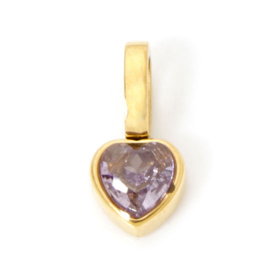 Image de 1 Pièce Pendentif Breloque en 304 Acier Inoxydable Placage sous Vide PVD Respectueux de l'Environnement La Saint Valentin Cœur Plaqué Or Véritable 14K Mini à Zircone Cubique Mauve 11mm x 5.5mm