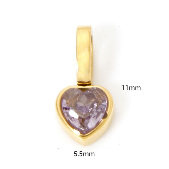 Image de 1 Pièce Pendentif Breloque en 304 Acier Inoxydable Placage sous Vide PVD Respectueux de l'Environnement La Saint Valentin Cœur Plaqué Or Véritable 14K Mini à Zircone Cubique Mauve 11mm x 5.5mm