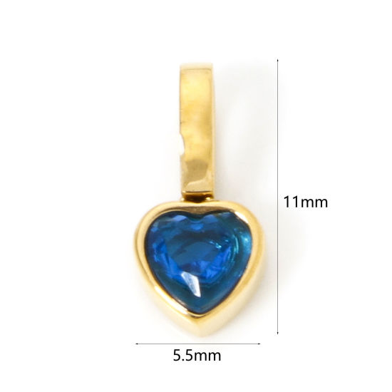 Image de 1 Pièce Pendentif Breloque en 304 Acier Inoxydable Placage sous Vide PVD Respectueux de l'Environnement La Saint Valentin Cœur Plaqué Or Véritable 14K Mini à Zircone Cubique Saphir 11mm x 5.5mm