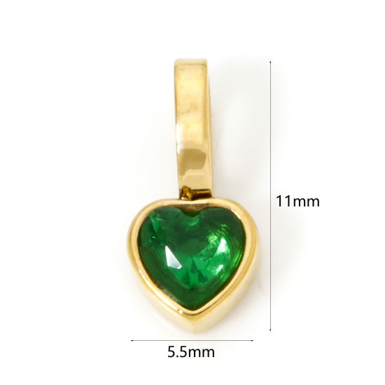 Image de 1 Pièce Pendentif Breloque en 304 Acier Inoxydable Placage sous Vide PVD Respectueux de l'Environnement La Saint Valentin Cœur Plaqué Or Véritable 14K Mini à Zircone Cubique Vert Foncé 11mm x 5.5mm