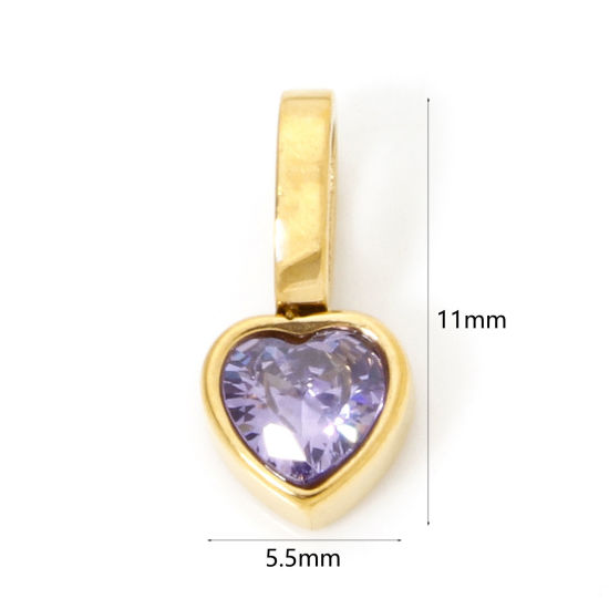 Image de 1 Pièce Pendentif Breloque en 304 Acier Inoxydable Placage sous Vide PVD Respectueux de l'Environnement La Saint Valentin Cœur Plaqué Or Véritable 14K Mini à Zircone Cubique Pourpre 11mm x 5.5mm