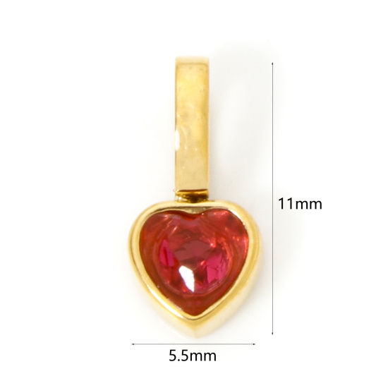 Image de 1 Pièce Pendentif Breloque en 304 Acier Inoxydable Placage sous Vide PVD Respectueux de l'Environnement La Saint Valentin Cœur Plaqué Or Véritable 14K Mini à Zircone Cubique Fuchsia 11mm x 5.5mm