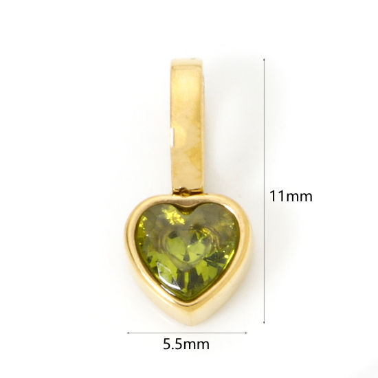 Image de 1 Pièce Pendentif Breloque en 304 Acier Inoxydable Placage sous Vide PVD Respectueux de l'Environnement La Saint Valentin Cœur Plaqué Or Véritable 14K Mini à Zircone Cubique Olivacé 11mm x 5.5mm