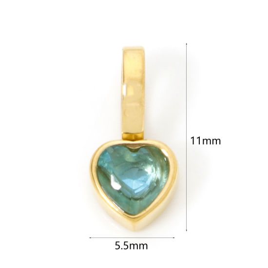 Image de 1 Pièce Pendentif Breloque en 304 Acier Inoxydable Placage sous Vide PVD Respectueux de l'Environnement La Saint Valentin Cœur Plaqué Or Véritable 14K Mini à Zircone Cubique Bleu 11mm x 5.5mm