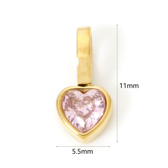 Image de 1 Pièce Pendentif Breloque en 304 Acier Inoxydable Placage sous Vide PVD Respectueux de l'Environnement La Saint Valentin Cœur Plaqué Or Véritable 14K Mini à Zircone Cubique Rose 11mm x 5.5mm