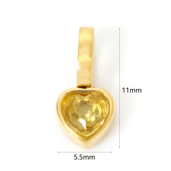 Image de 1 Pièce Pendentif Breloque en 304 Acier Inoxydable Placage sous Vide PVD Respectueux de l'Environnement La Saint Valentin Cœur Plaqué Or Véritable 14K Mini à Zircone Cubique Jaune 11mm x 5.5mm