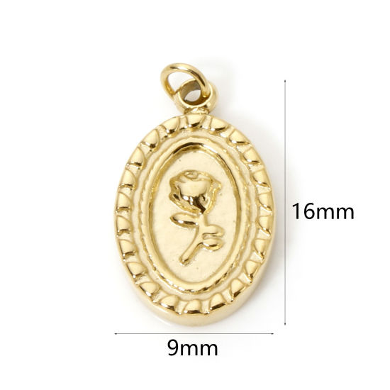 Picture of 1 Piece Eco-friendly PVD Vacuum Plating 304 Stainless Steel Valentine's Day Charms 14K Real Gold Plated Oval Rose Flower 16mm x 9mm