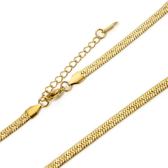 Picture of 1 Piece Eco-friendly PVD Vacuum Plating 304 Stainless Steel Flat Snake Chain Necklace For DIY Jewelry Making Gold Plated With Lobster Claw Clasp And Extender Chain 40cm(15.7") long, Chain Size: 5mm