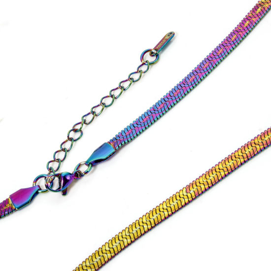 Picture of 1 Piece Eco-friendly PVD Vacuum Plating 304 Stainless Steel Flat Snake Chain Necklace For DIY Jewelry Making Rainbow Color Plated With Lobster Claw Clasp And Extender Chain 40cm(15.7") long, Chain Size: 5mm