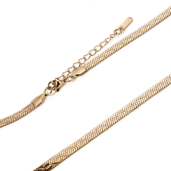Picture of 1 Piece Eco-friendly PVD Vacuum Plating 304 Stainless Steel Flat Snake Chain Necklace For DIY Jewelry Making Rose Gold With Lobster Claw Clasp And Extender Chain 40cm(15.7") long, Chain Size: 5mm