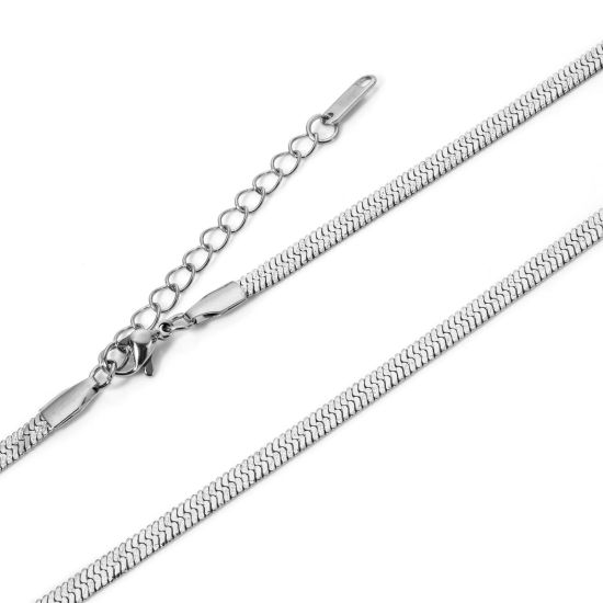 Изображение 1 Piece 304 Stainless Steel Flat Snake Chain Necklace For DIY Jewelry Making Silver Tone With Lobster Claw Clasp And Extender Chain 40cm(15.7") long, Chain Size: 4mm