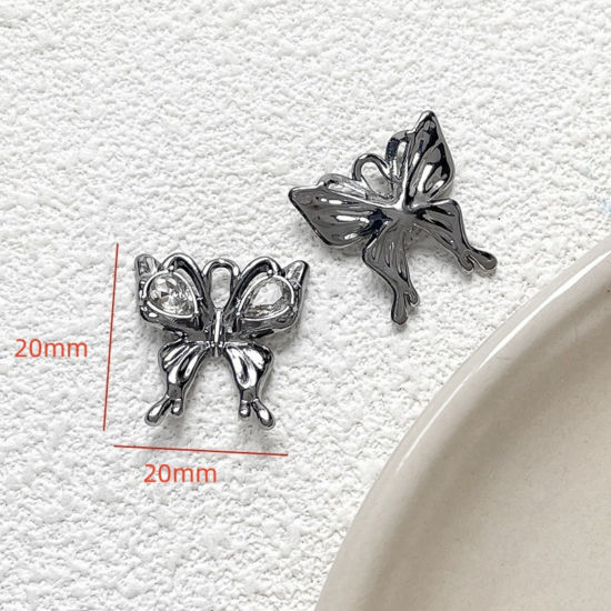 Picture of 5 PCs Zinc Based Alloy Gothic Charms Gunmetal Butterfly Animal Clear Rhinestone 20mm x 20mm