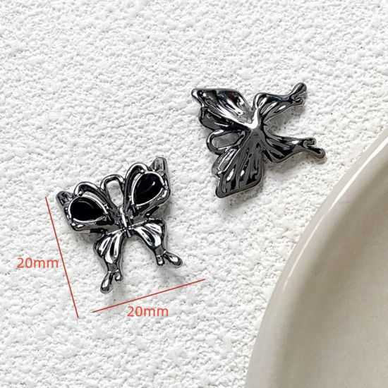 Picture of 5 PCs Zinc Based Alloy Gothic Charms Gunmetal Butterfly Animal Black Rhinestone 20mm x 20mm