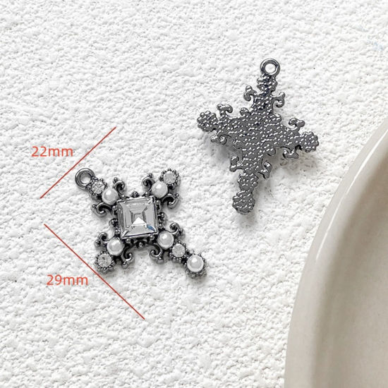 Picture of 5 PCs Zinc Based Alloy Gothic Charms Gunmetal Cross Acrylic Imitation Pearl Clear Rhinestone 29mm x 22mm