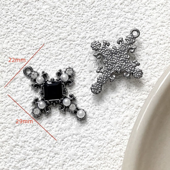 Picture of 5 PCs Zinc Based Alloy Gothic Charms Gunmetal Cross Acrylic Imitation Pearl Black Rhinestone 29mm x 22mm